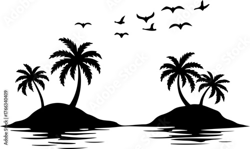silhouette of a coconut tree, exotic, vacation, landscape, leaf, water, holiday, sky, paradise, silhouette, coconut, ocean, sunset, travel, nature, sun, illustration, vector, sea, tropical, palm