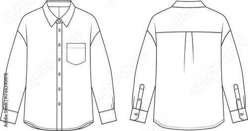 Long sleeve button up shirt front and back view, classic collar, chest pocket, curved hem, box pleat, fashion flat sketch illustration