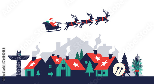 Santa Claus in his sleigh flying over festive village with reindeer, ready for Christmas holiday season