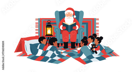Santa Claus reading a story to children at bedtime, creating a magical Christmas Eve atmosphere with cozy blankets and a warm lantern glow