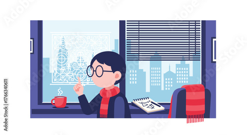 Smart young man brainstorming ideas with coffee and notebook by window, innovative concept in modern workspace, creative solutions, business inspiration