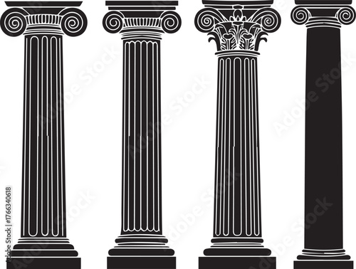 Four Classical Architectural Columns in Black Silhouette