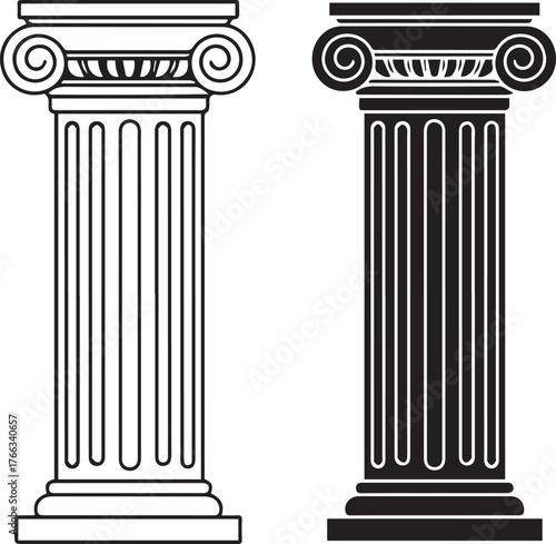 Ionic Column Outline and Silhouette on White Background
