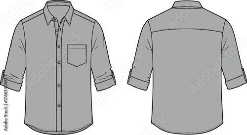 Long sleeve button up shirt front and back view, rolled sleeves with tabs, chest pocket, classic collar, fashion flat sketch illustration