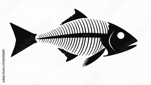A minimalist black and white illustration of a fish skeleton silhouette 
