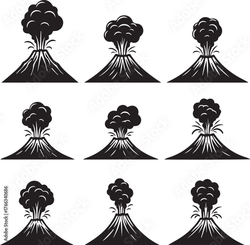 Nine Black Silhouettes of Volcanoes Erupting Keywords: volcano, eruption, smoke, mountain, fire