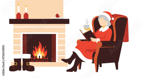 Cozy Mrs. Claus reading book near fireplace with cup of tea, celebrating Christmas holiday season in warm, inviting living room setting