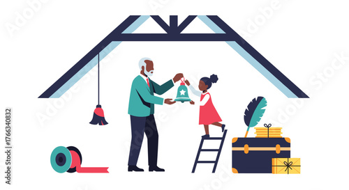 Grandfather and granddaughter decorate holiday tree with bell, symbolizing festive family traditions and generational connection, creating cherished memories.