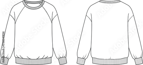 Long sleeve crew neck sweatshirt front and back view, raglan sleeves, ribbed cuffs and hem, fashion flat sketch, apparel design template illustration
