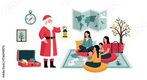 Whimsical Santa guides a family planning their next adventure with a world map, compass, and packed luggage, inspiring holiday travel dreams and exciting journeys.