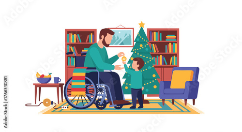 Father in wheelchair and child decorate Christmas tree together, creating heartwarming holiday memories and fostering inclusive family traditions in cozy home setting.