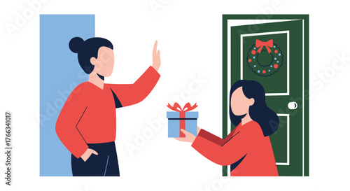 Joyful exchange of holiday gifts at the doorstep with festive wreath and warm greetings, celebrating the spirit of giving during winter season