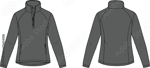 Long sleeve pullover jacket front and back view, half zip closure, high collar, zippered pockets, raglan sleeves, fashion flat sketch illustration