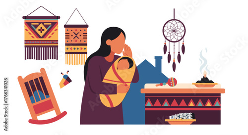 Loving mother cradles newborn baby in cozy nursery filled with traditional Native American decor and spiritual elements, fostering a sense of heritage and peace.