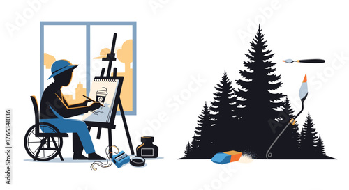 Inspiring artist in wheelchair creates coffee art at easel overlooking city skyline, juxtaposed with creative tools and forest silhouette symbolizing imagination and nature's beauty