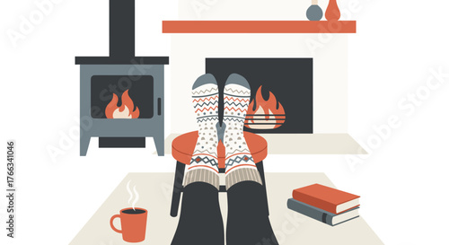 Cozy winter evening relaxation with warm fire, steaming mug, patterned socks, and captivating books creating ultimate comfort and hygge vibes