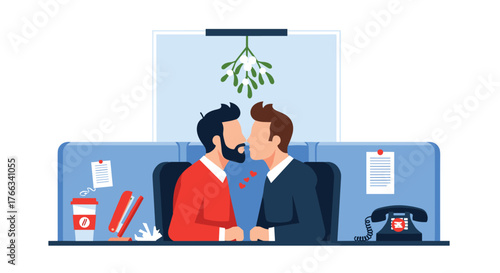 Romantic office romance unfolds under mistletoe as two men share a tender kiss, capturing modern workplace love and holiday cheer with a touch of playful intimacy