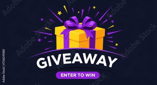 Exciting yellow gift box with purple ribbon and confetti announcing a giveaway and enter to win button