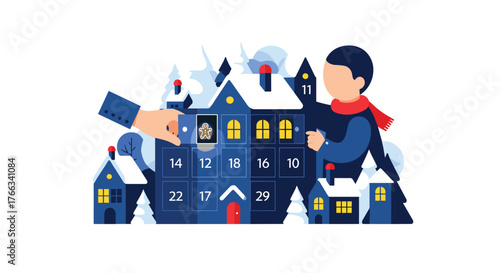 Adorable boy opening his advent calendar to reveal a gingerbread man treat, celebrating the joy and anticipation of Christmas in a festive snowy village setting, perfect for holiday promotions