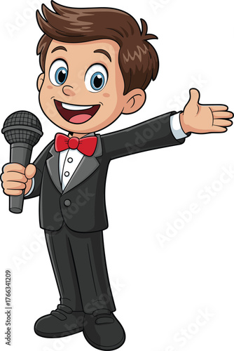 Cartoon boy in tuxedo holding microphone, formal
