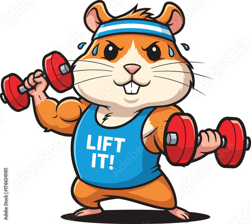 Cute cartoon hamster lifting weights, funny gym animal illustration, strong workout hamster in blue tank top exercising with dumbbells