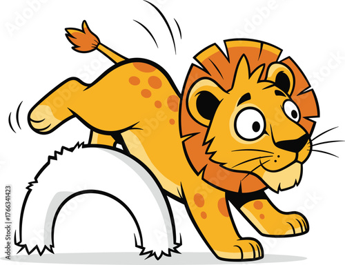 Cute cartoon lion cub jumping through hoop, funny circus animal illustration, playful baby lion character in action performing trick
