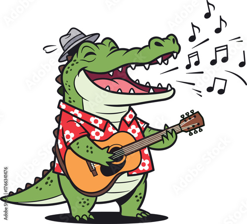 Funny cartoon alligator singing and playing guitar in Hawaiian shirt, cute crocodile musician illustration, tropical summer music animal art