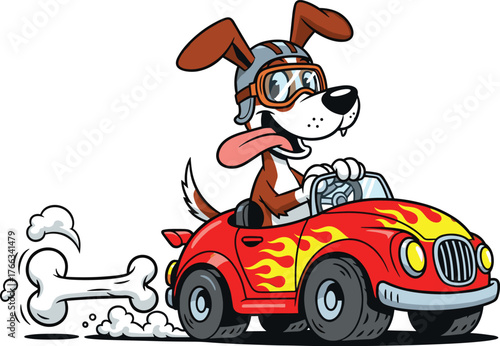 Funny cartoon dog driving red race car illustration, cute puppy racer art, speedy dog with flames and goggles