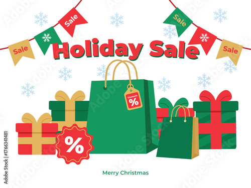 holiday sale, vector, christmas, new year, promotion, online store, sale, discount, festive, gift, tree, fireworks, confetti, typography, red, gold, green, vector art, clean, flat, banner, ecommerce, 