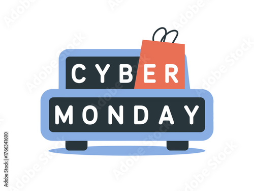 Cyber Monday shopping bag displayed on a digital flip-clock display.