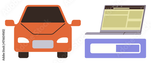 Orange car and laptop with browser interface suggest online car booking, search, or rental concept. Ideal for transportation, e-commerce, digital service, navigation, technology and travel. A simple