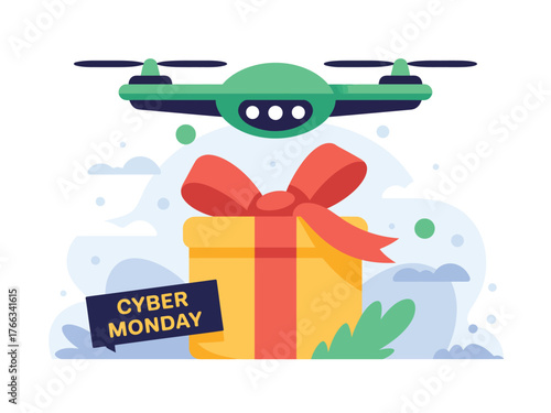 A drone delivers a gift box with a "Cyber Monday" label.