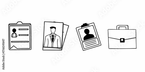 Illustration of clipboards with profile icons documents and a briefcase in black and white style