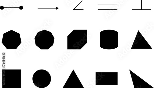 Educational Geometric Shapes Set icon Heptagon, Cube, Cylinder, Cone, Segment, Angle, Triangle, Scalene, Pentagon, Trapeze, Octagon, Pie, Rhombus, Cubold, Square Pyramid, Prism, Sphere, Hemisphere