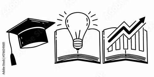 Graduation cap next to open books with light bulb and graph representing knowledge and success growth