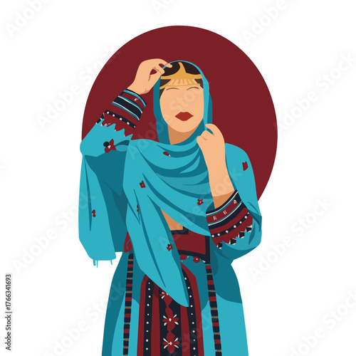 South Asian Woman in Traditional Costume Adjusting Head Jewelry