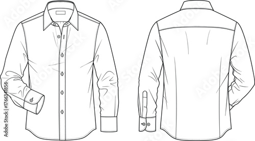 Men's Long Sleeve Classic Dress Shirt Technical Drawing, Formal Collared Button-Up Flat Sketch Vector, Front and Back Views, Business Apparel Template
