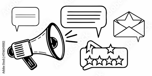 Illustration of a megaphone with speech bubbles and an envelope with a star inside it design