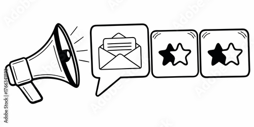 Megaphone announcing email with two star ratings in black and white line drawing style illustration