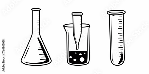 Illustration of laboratory glassware including a flask beaker and test tube with graduations shown