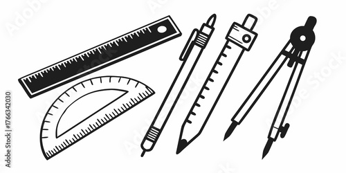 Illustration of ruler protractor pen pencil and compass drawing tools for drafting and design work