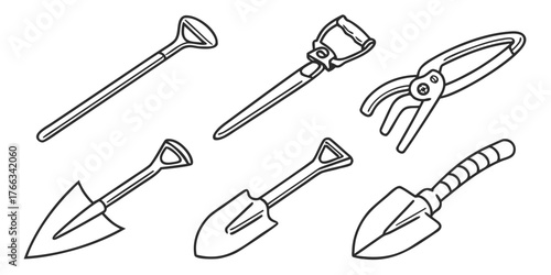 Illustration of various gardening tools including shovels, trowels, and pruning shears in black outline