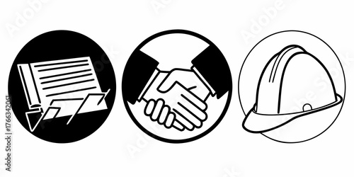 Three circles depicting a document on a stand, a handshake, and a construction hard hat icon