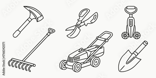 Illustration of garden tools including an axe, rake, shears, mower, cultivator, and shovel outlined