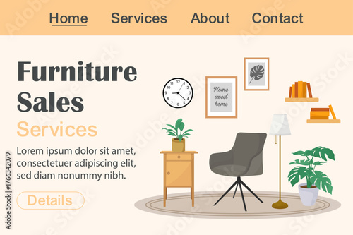 Furniture sales services web page with classic room armchair bedside room plant wall frames interior design home decor