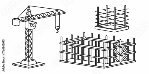 Illustration of a construction crane and two building frames in black and white outline style design