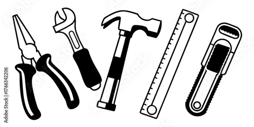 Illustration of various hand tools including pliers wrench hammer ruler and utility knife in black and white
