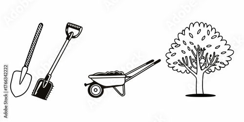 Illustration of gardening tools including shovels wheelbarrow and a tree in a black and white drawing