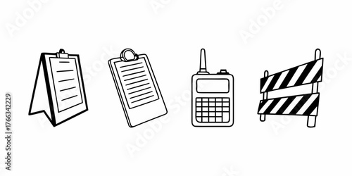 Illustration of a clipboard stand, clipboard, walkie talkie, and striped barrier on a white background