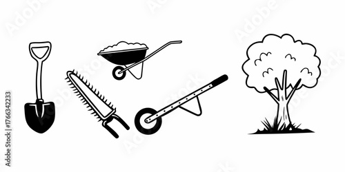 Illustration of gardening tools including a shovel wheelbarrows saw and a tree in black and white